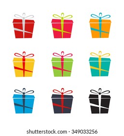 Set of nine colorful icons of gift boxes on white background, Vector set of different gift boxes.