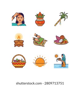 A set of nine colorful icons representing various elements of Indian festivals and traditions.