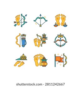 A set of nine colorful icons representing Hindu religious elements like footprints, bows, arrows, and deities.
