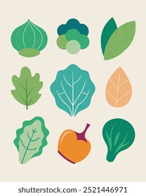 A set of nine colorful illustrations of different types of leafy greens, perfect for adding a touch of nature to your designs. The illustrations are simple, yet effective.