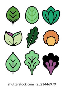 Un conjunto de nueve ilustraciones coloridas de varios verdes frondosos, perfecto para agregar un toque de naturaleza a sus diseños. Estos gráficos simples y elegantes son ideales para proyectos relacionados con la comida.