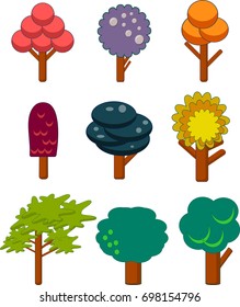 A set of nine colorful, imaginative trees.