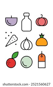 A set of nine colorful line icons depicting various fruits, vegetables, and kitchen items, perfect for adding a touch of culinary charm to your designs. The icons are simple yet detailed.