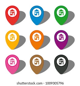 Set of nine colorful map pointers with home icon in white circle and with shadow. Vector illustration
