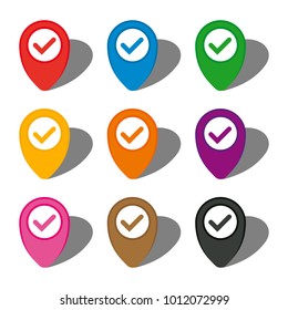 Set of nine colorful map pointers with check sign in white circle and with shadow. Vector illustration
