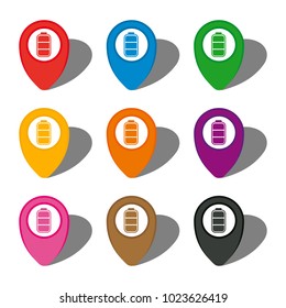 Set of nine colorful map pointers with battery sign in white circle and with shadow. Vector illustration
