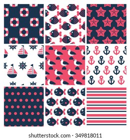 set of  nine colorful marine seamless patterns