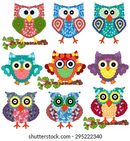 Set of nine colorful ornamental owls with circle elements isolated over white background, cartoon vector illustration