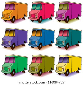 A set of nine colorful panel trucks.