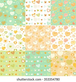 Set of nine colorful patterns with various heart shapes.