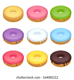 Set of nine colorful realistic donuts on white background.
