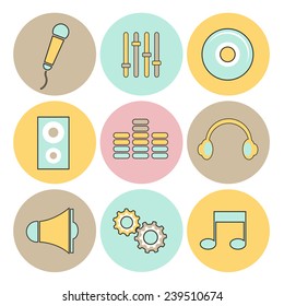 Set of nine colorful rounded musical web icons on white background.