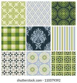 Set of nine colorful seamless patterns for backgrounds and wallpapers