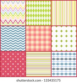 Set of nine colorful seamless patterns. Vector illustration
