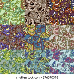Set of nine colorful seamless patterns. Vector illustration.