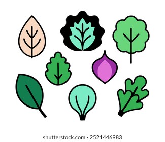 A set of nine colorful and simple line drawings of different types of leaves, perfect for adding a touch of nature to your designs.