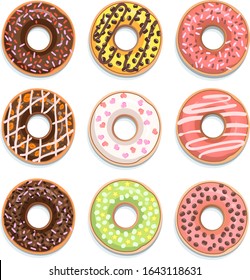 Set of nine colorful sweet donuts with cream, sprinkling and chocolate. Isolated vector illustration.