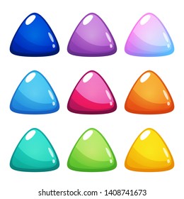 Set of nine colorful triangle buttons. Vector assets for web or game design, app buttons, icons template isolated on white background.