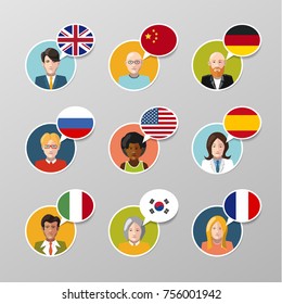 Set of nine colorful user avatars with different language speech bubbles