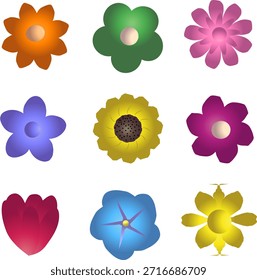 Conjunto de Nove Ícones Coloridos de Flor Vetorial com Gradientes