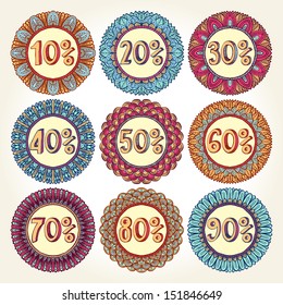 Set of nine colorful vintage hand drawn sale icons