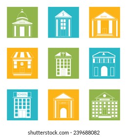 Set of nine colorful web icons for house and buildings on white background.