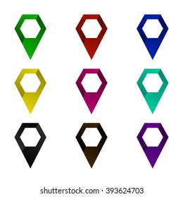 set of nine colors hexagon map pointers