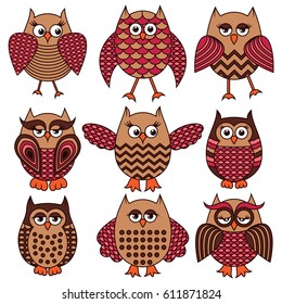 Set of nine colourful cartoon ornate funny owls isolated on the white background, vector illustration