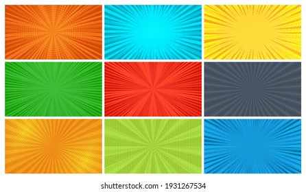 Set of nine comic book pages backgrounds in pop art style with empty space. Template with rays, dots and halftone effect texture. Vector illustration