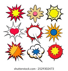 Set of nine comic style speech bubbles with different shapes, colors and patterns expressing different feelings