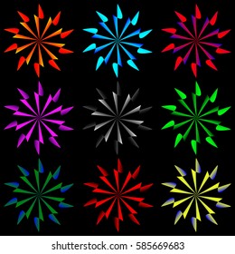 A set of nine complex geometric patterns. Petals of flowers or paper in light and shade.
