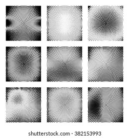 Set of nine concentric halftone black texture isolated on white background
