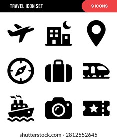 A set of nine contemporary flat design icons representing various travel elements including transportation, accommodation, and navigation, perfect for digital and print applications.