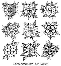 A set of nine contour circular ornaments. Vector Flowers anti-stress. Vector set