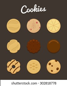 Set of nine cookies of different shape and taste. Coated, chocolate chip, lemon, cranberry, coconut and more. Flat vector style.