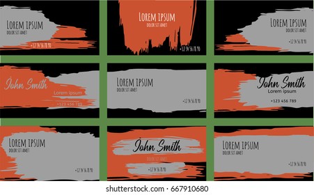 Set of nine creative black, grey, orange vector business card, flyer or client card templates. Trendy abstract hand painted grungy dirty backgrounds. Modern artistic colored paintbrush banner design.