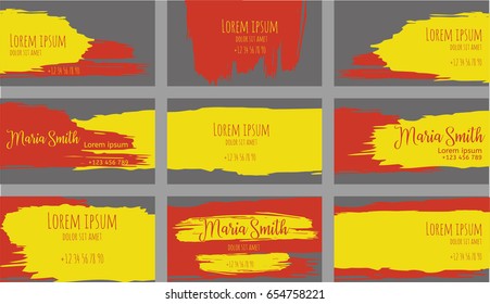 Set of nine creative grey, yellow and red or orange vector business card, flyer or client card templates. Trendy abstract hand painted grungy dirty background. Modern artistic paintbrush banner design