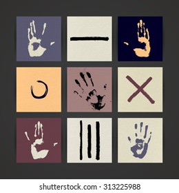 Set of Nine Creative Paper Cards. Hand Drawn Ink Textures. Vector.