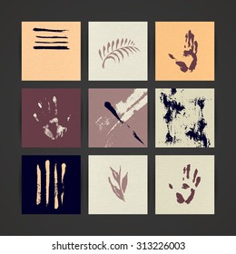 Set of Nine Creative Paper Cards. Hand Drawn Ink Textures. Vector.