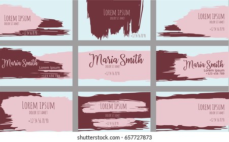 Set of nine creative terracotta brown, pink on turquoise vector business card, or client card templates. Trendy abstract hand painted grungy dirty backgrounds. Modern artistic paintbrush banner design