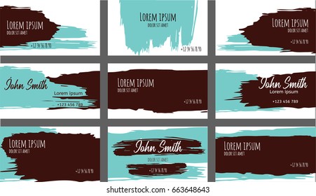 Set of nine creative turquoise and brown on white vector business card, flyer or client card templates. Trendy abstract hand painted grungy dirty backgrounds. Modern artistic paintbrush banner design.