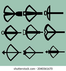 Set of nine crossbow silhouettes. Image for icons, games, sites and more. Vector illustration.