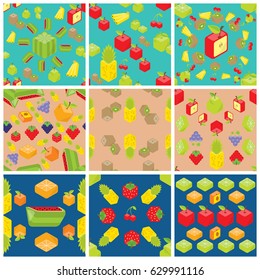 Set of nine cubic fruits patterns.
