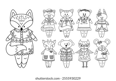 A set of nine cute animals in dresses, perfect for coloring book pages or children’s books