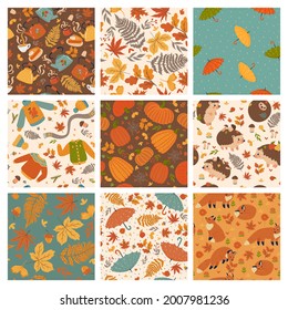 Set of nine cute autumn seamless patterns. Vector graphics.