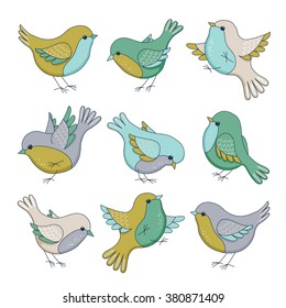 Set of nine cute birds isolated on white. Cute childish illustration in cartoon style.Vector illustration for you design.