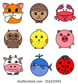 Set of nine cute cartoon circle animals