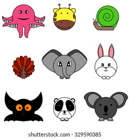 Set of nine cute cartoon circle animals