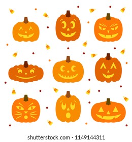 Set of nine cute cartoon jack-o-lanterns with scattered candy corn and polka dots