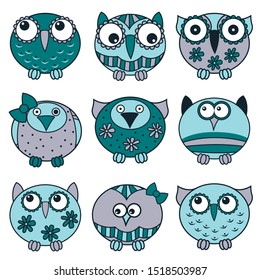 Set of nine cute cartoon oval owls in various pattern isolated on the white background, cartoon vector black outlines as icons